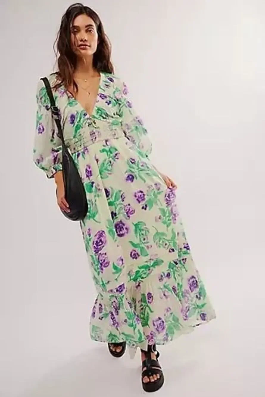 New Free People Golden Hour Floral Maxi Dress $168 X-SMALL Purple Green Boho